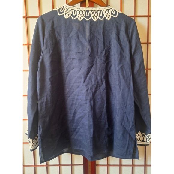 Talbots Navy Blue Linen Tunic with White Cord Trim Embroidery - Picture 7 of 14